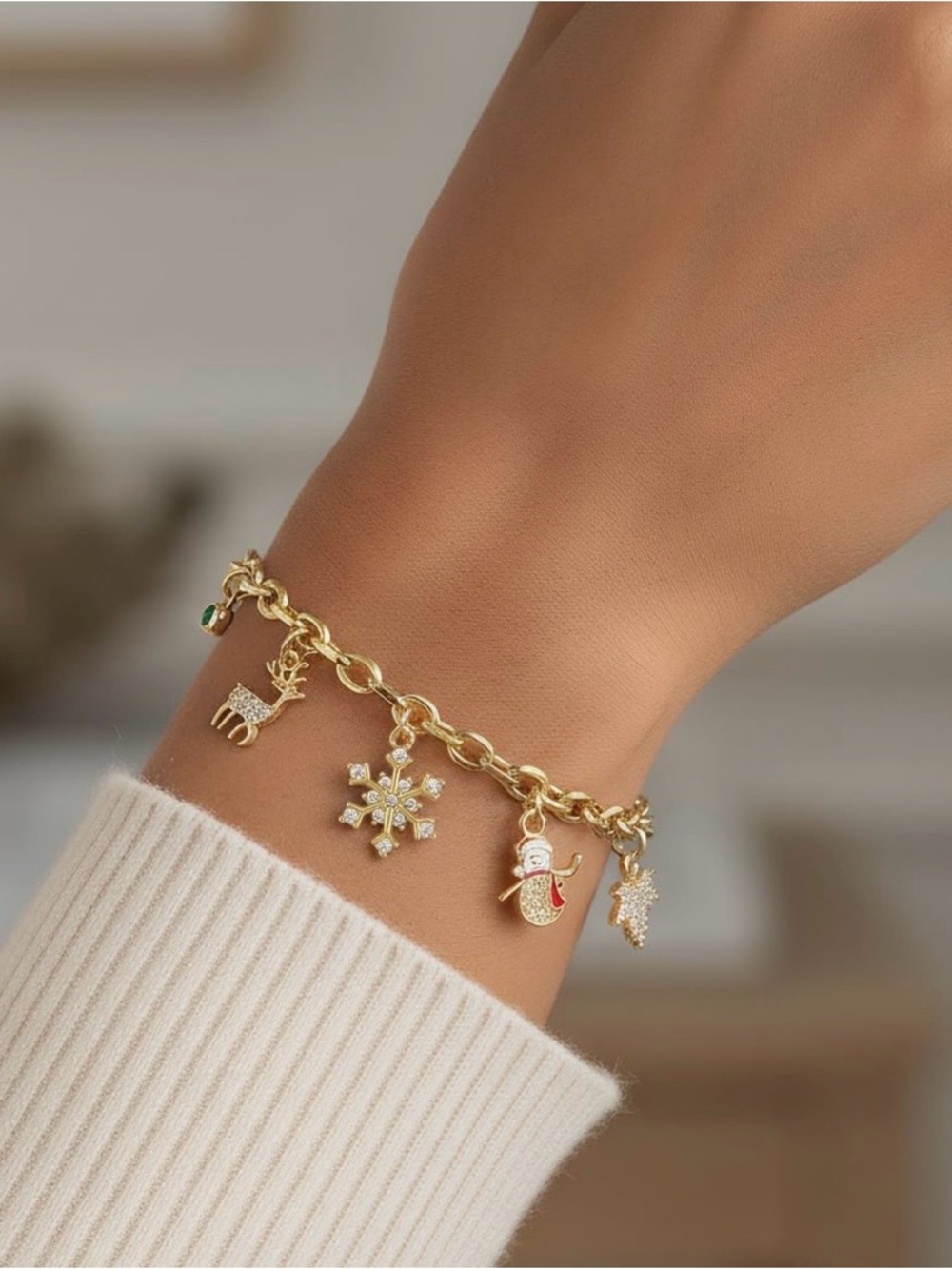 Gold Plated Holiday Charm Bracelet with Snowflake & Santa Charms